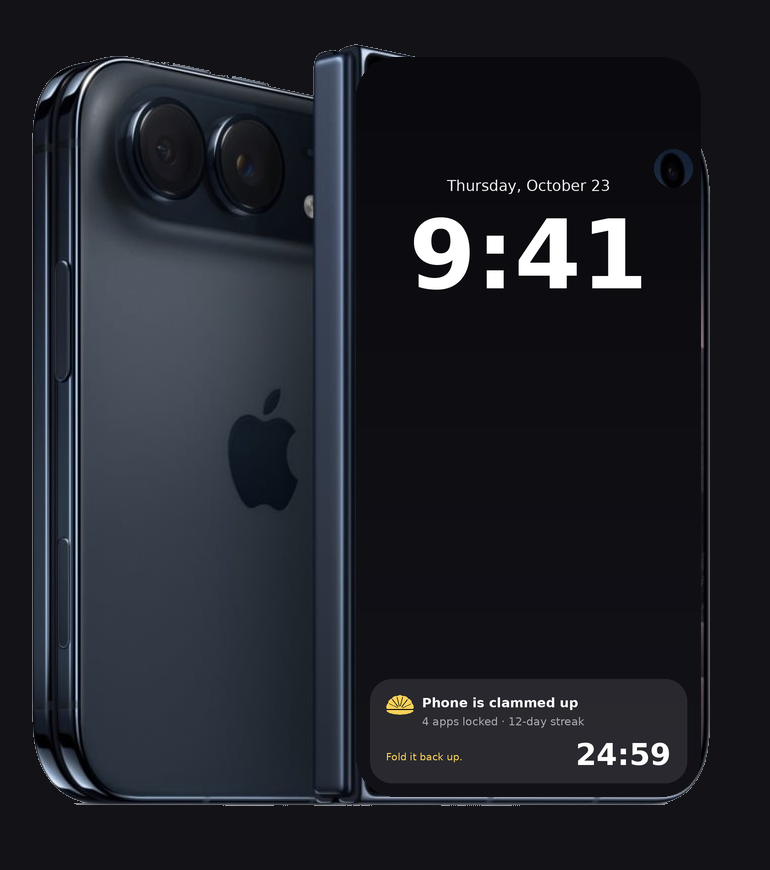 iPhone Duo folded, showing the Clam countdown on its outer screen