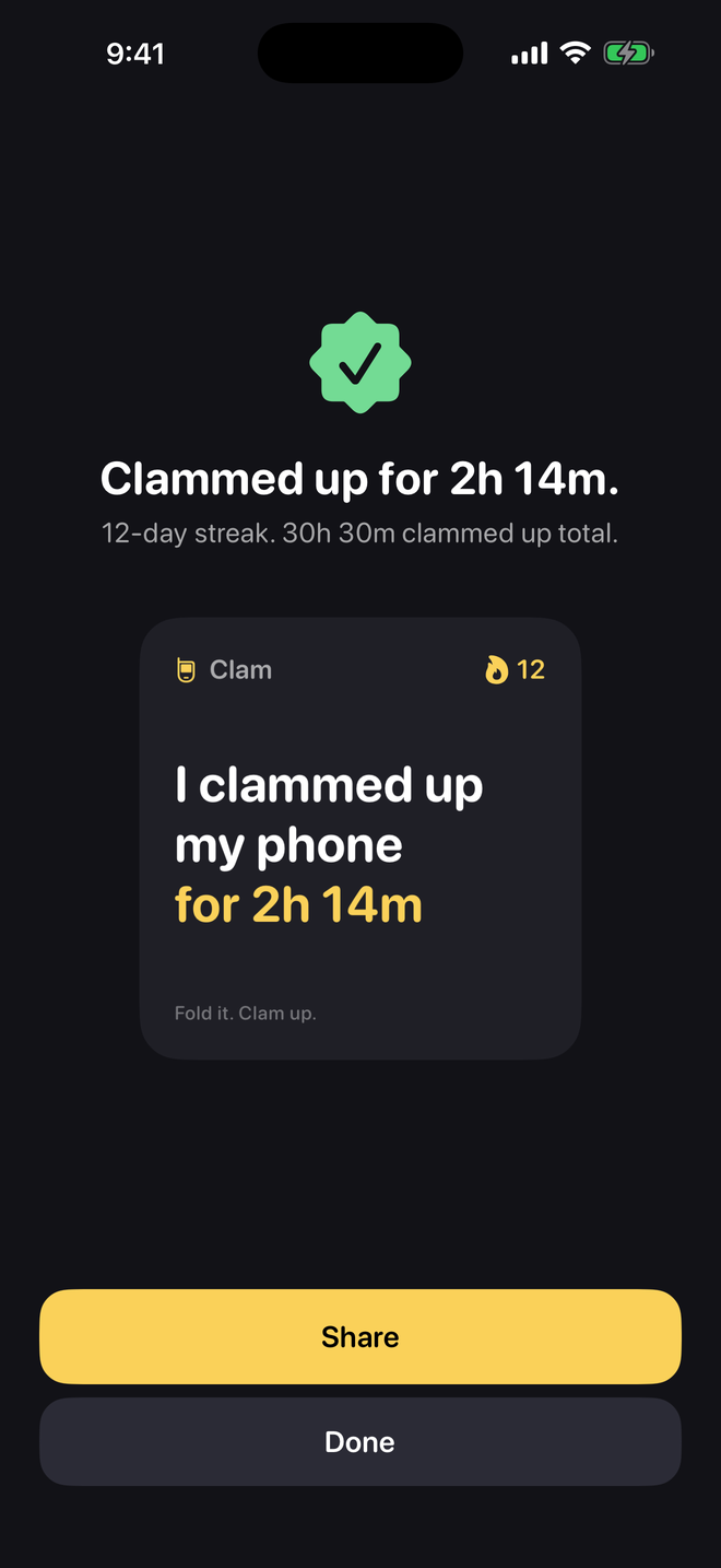Clam session complete: Clammed up for 2h 14m, 12-day streak, with a share card
