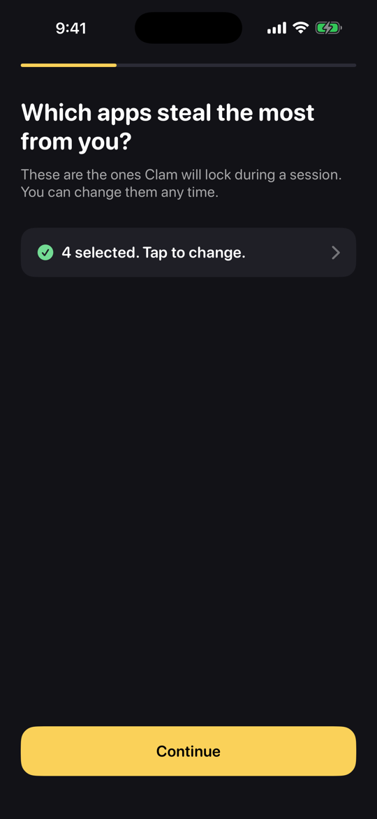 Clam setup screen asking which apps steal the most from you, with four apps selected to lock