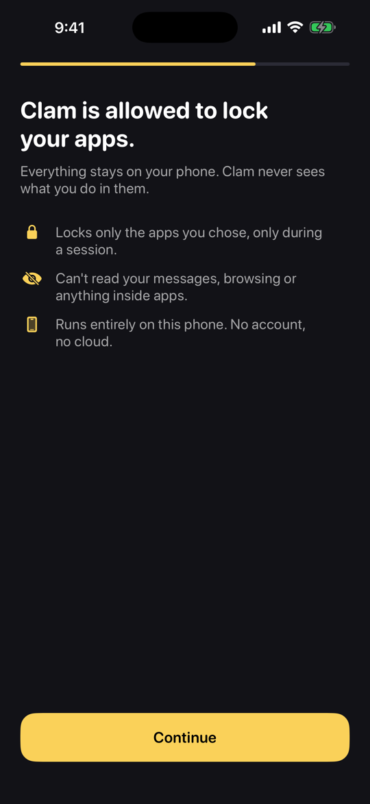 Clam permission screen: locks only the apps you chose, can't read messages or browsing, runs entirely on this phone